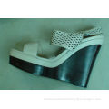 White Leather Black Wedge Heel Womens Strappy Sandals